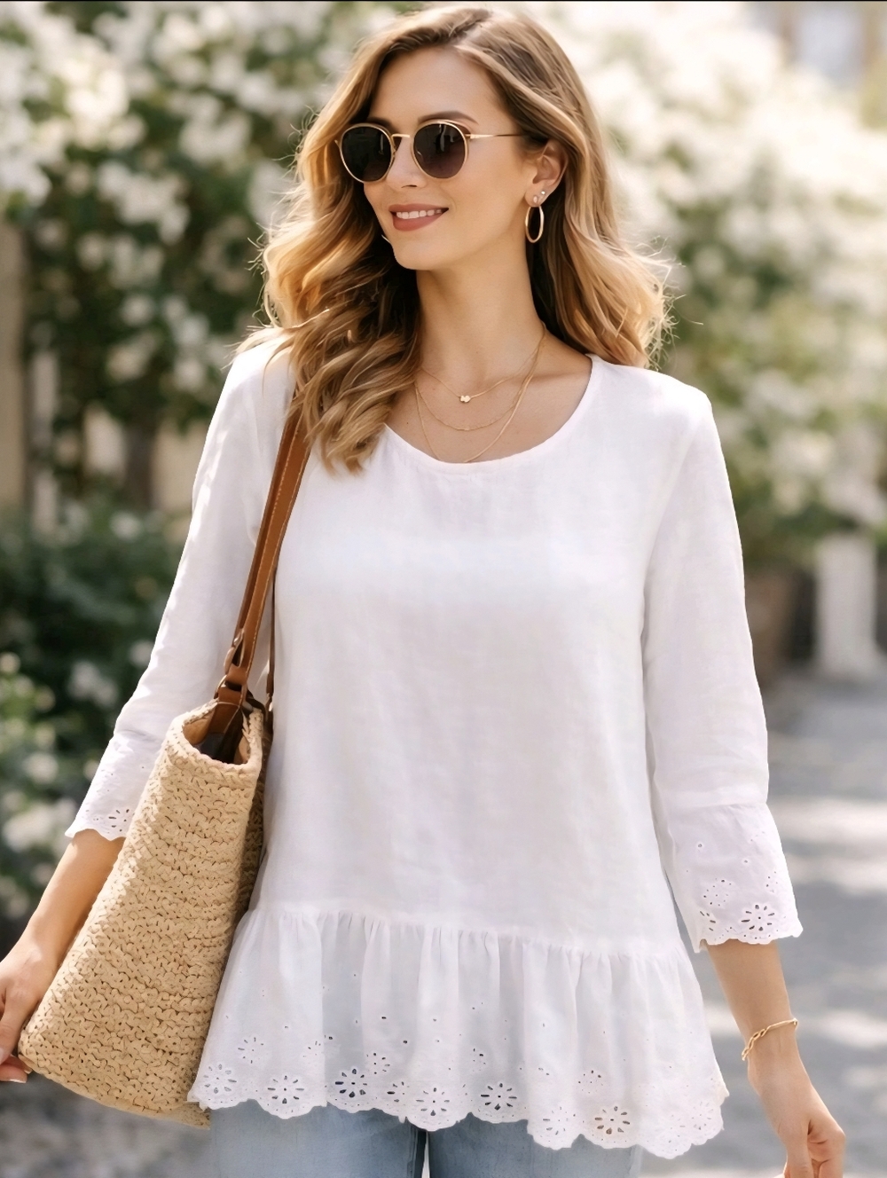 Italian Linen Top Eyelet Hem Sleeves White Boho Coastal Large Terzo Millenio